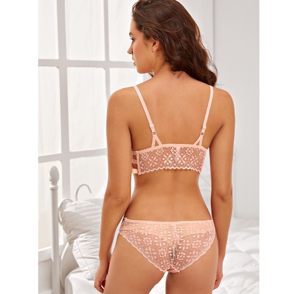 Strappy Cut Out Pink 2 Piece Lace Lingerie Set - Picture 3 of 7